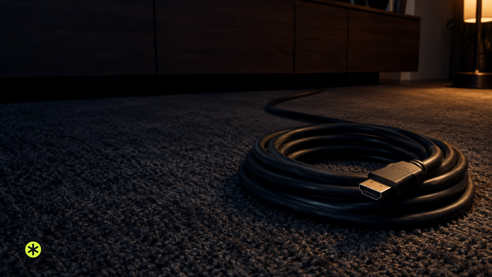 Long black HDMI cable coiled on a charcoal rug in front of a walnut console at night, its plug end lit by one warm lamp.