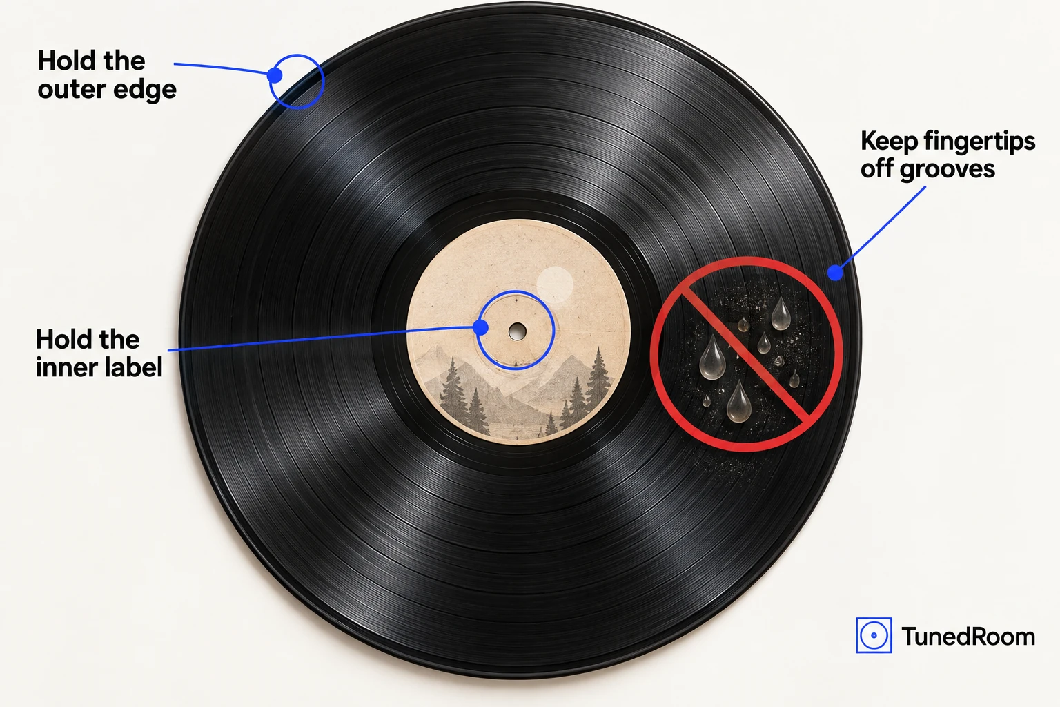 Flat top view of a record marking the outer edge and inner label as safe hold points and crossing out the grooved playing surface.