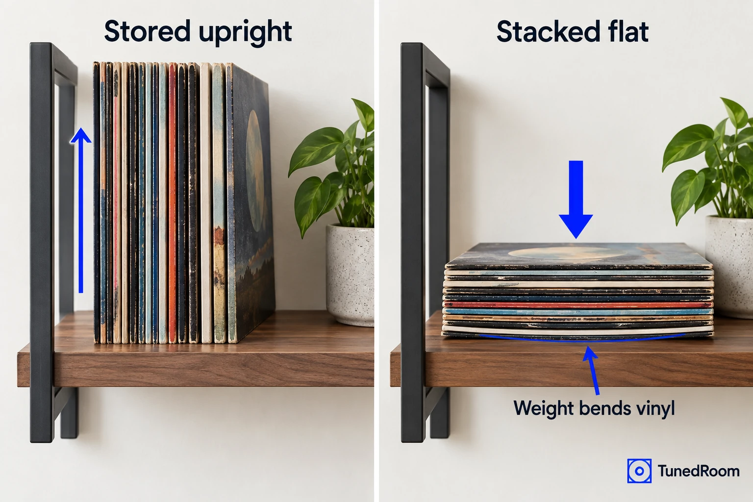 Two side-view panels of the same shelf comparing albums standing upright side by side against albums laid flat in a stack that bends the bottom record.
