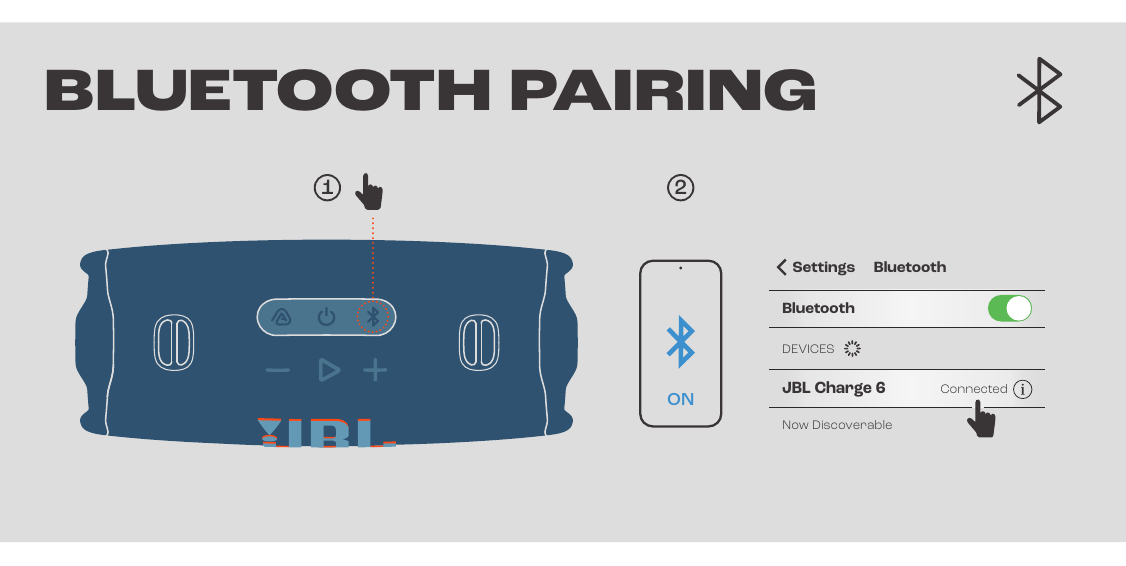 JBL Charge 6 Bluetooth pairing diagram showing the Bluetooth button and a phone's Bluetooth list with JBL Charge 6 selected.