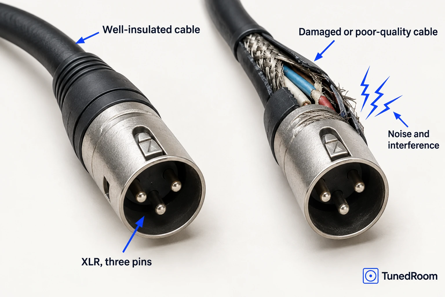 Two XLR cable ends: one intact with three pins and full insulation, one cut open showing broken shielding.
