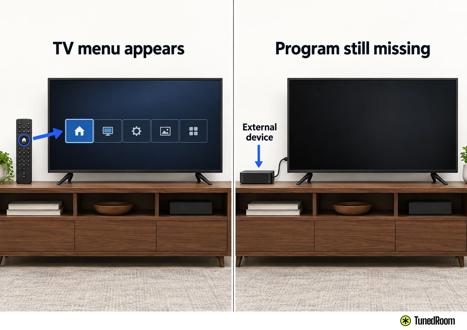 Two panels of the same TV: the TV's own menu appears with the remote, while the external device's program is missing on a blank screen.