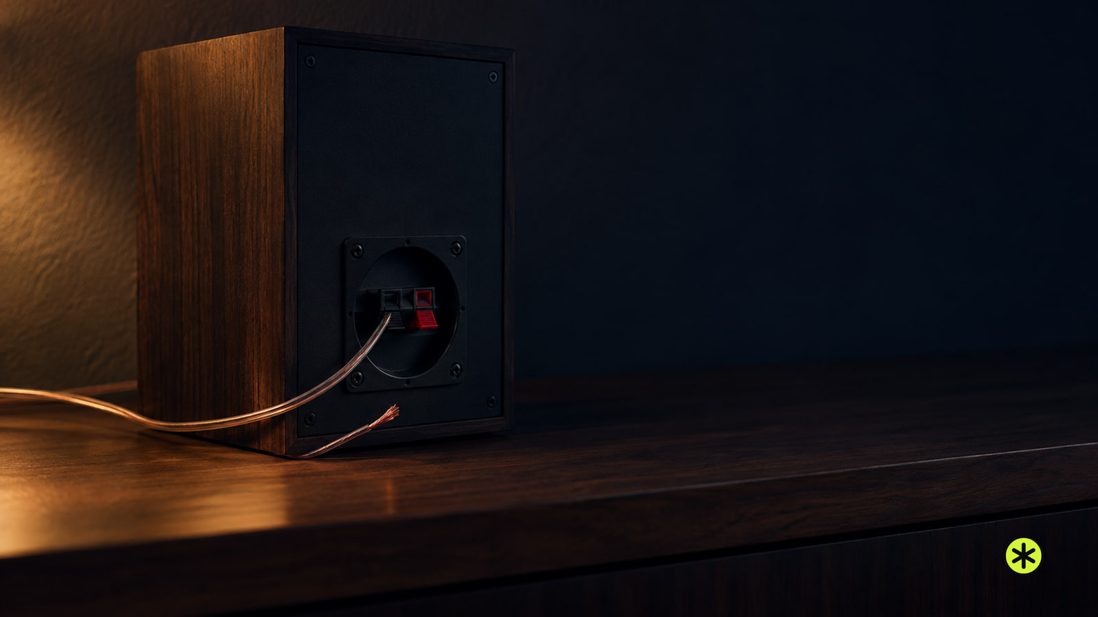 Back of a walnut bookshelf speaker on a sideboard at night, one bare speaker wire unclipped from its terminal, lit by a low warm lamp.