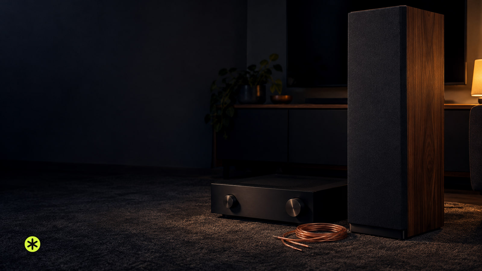 Walnut floor-standing speaker with a matte black amplifier and coiled speaker wire on a charcoal rug at night, lit by one low warm lamp.