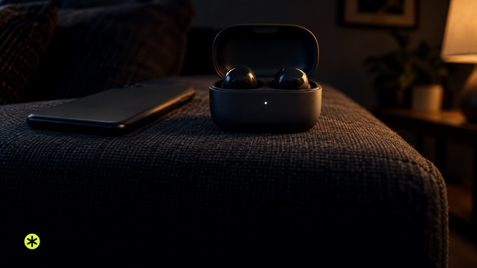 Graphite earbuds in an open charging case beside a face down phone on a charcoal armchair arm at night, lit by one low warm lamp.