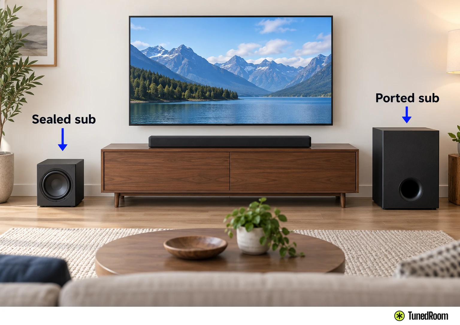 Living room with a slim soundbar and two subs shown side by side: a small sealed cabinet on the left, a larger ported cabinet on the right.