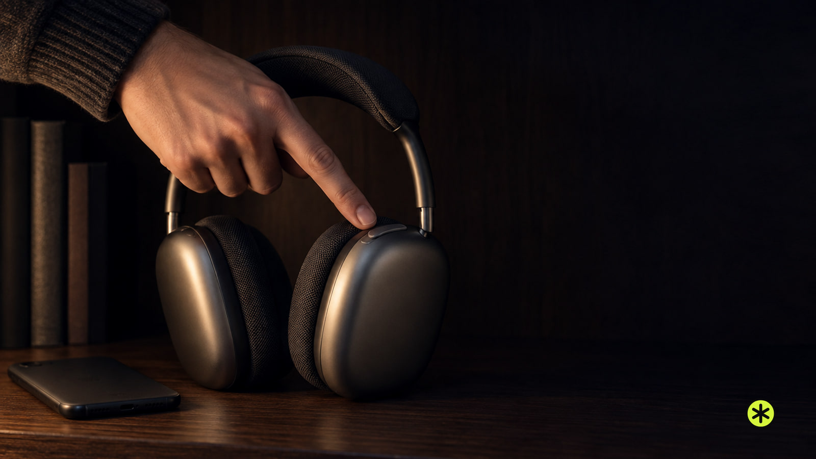 Grey over-ear headphones on a walnut shelf at night, a fingertip pressing the button on the right ear cup, a phone face down beside them, lamp lit.