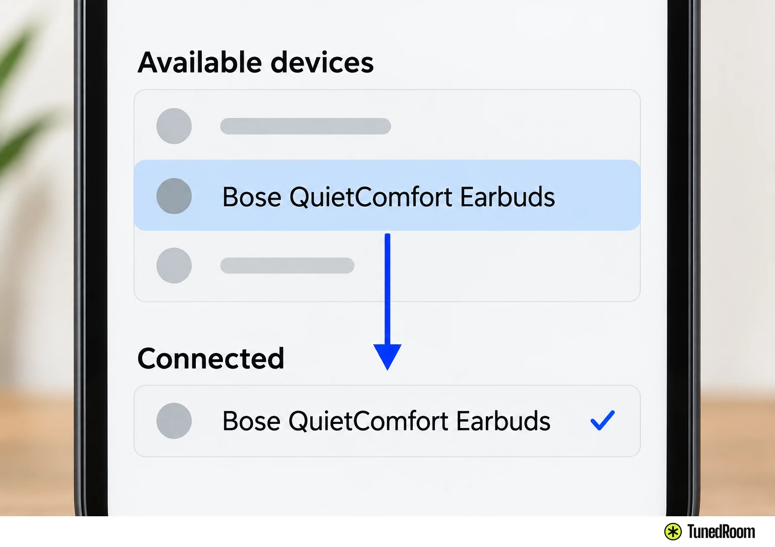 A generic device Bluetooth settings list close-up highlights Bose QuietComfort Earbuds in the available devices and again in the connected list.