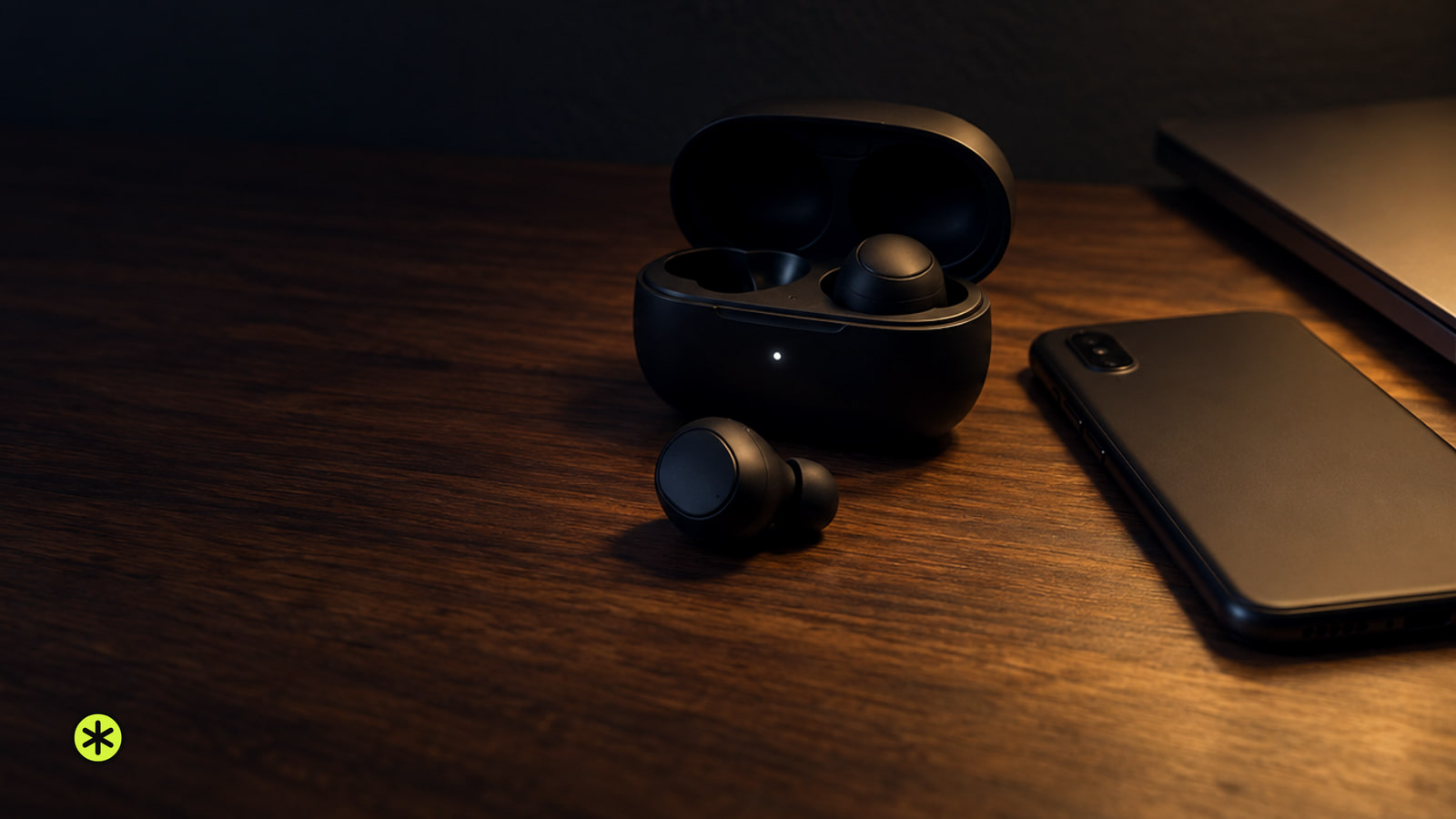 Black wireless earbuds, one in its open case and one lying beside it, next to a face down phone on a walnut desk at night under warm lamplight.