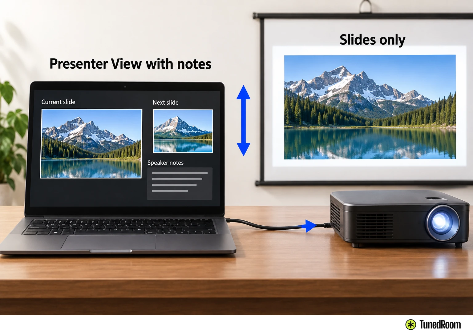 Laptop with Presenter View showing current slide, next slide and notes, cabled to a projector showing only the slide.