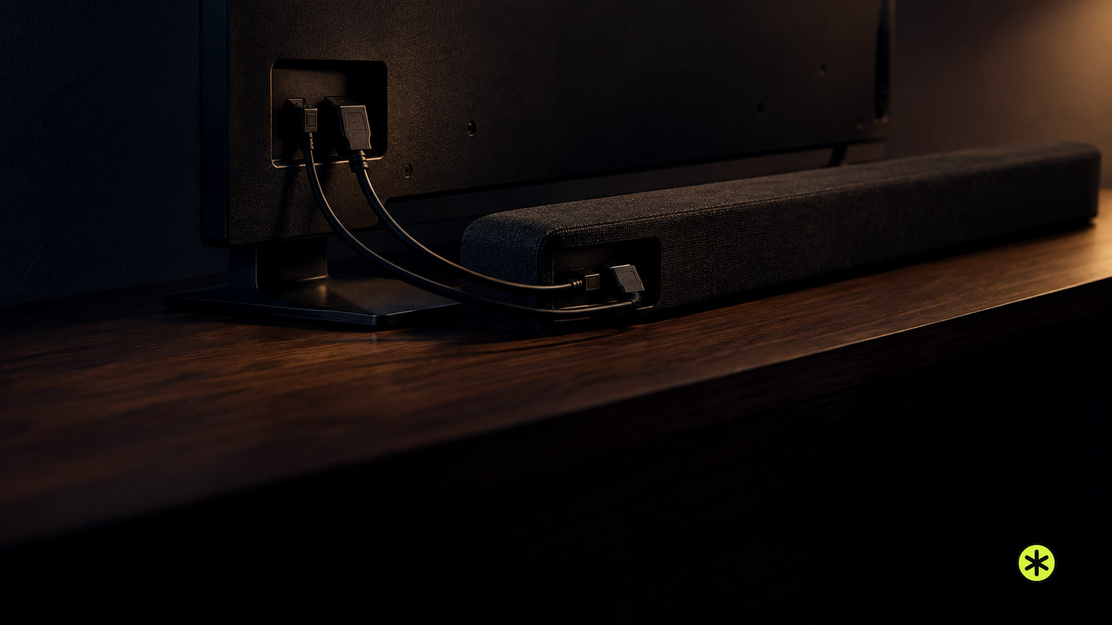 Optical and HDMI cables plugged into the back of a television, running to a fabric soundbar on a walnut console, lit by one warm lamp at night.