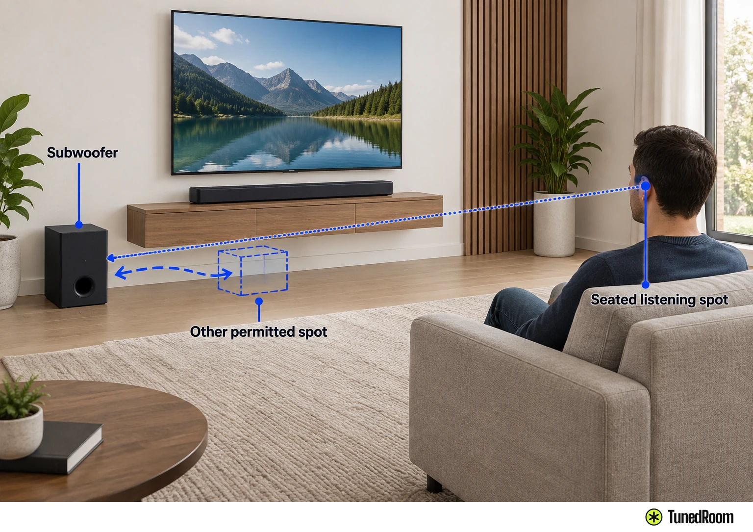 Side view of a room: one subwoofer in a permitted spot, an empty dashed second spot, and the listening seat marked on the sofa.