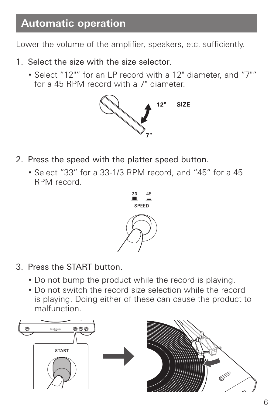 AT-LP60X automatic operation panel shows the SIZE selector, 33/45 SPEED button and START button, followed by tonearm movement.