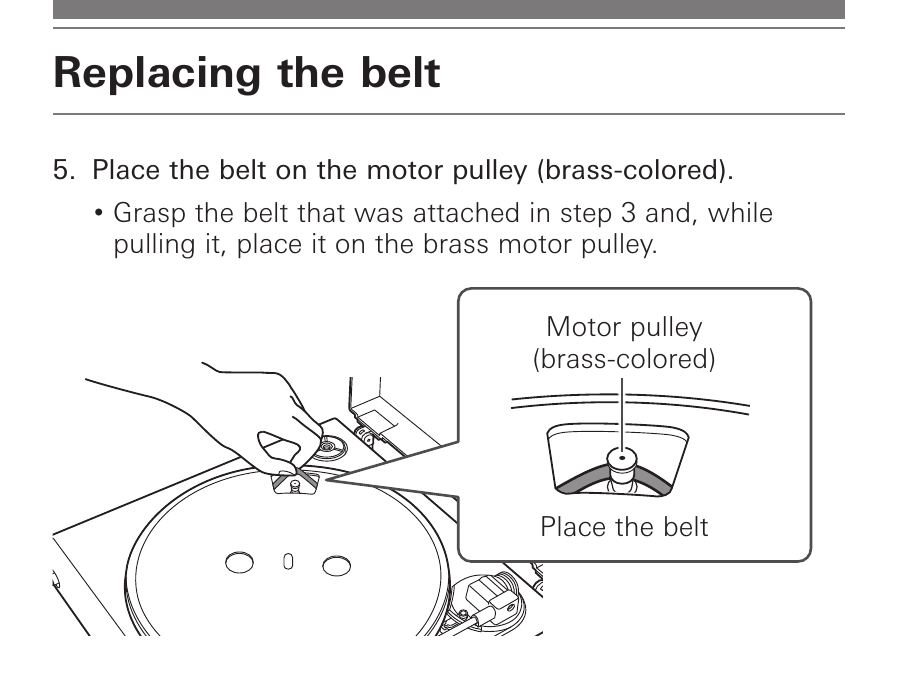 AT-LP60X belt replacement panel shows the belt being pulled onto the labeled brass-colored motor pulley through a platter opening.