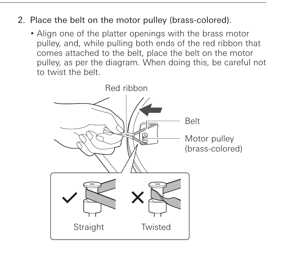 AT-LP60X belt installation diagram labels the red ribbon, belt and brass-colored motor pulley, with straight and twisted belt examples.