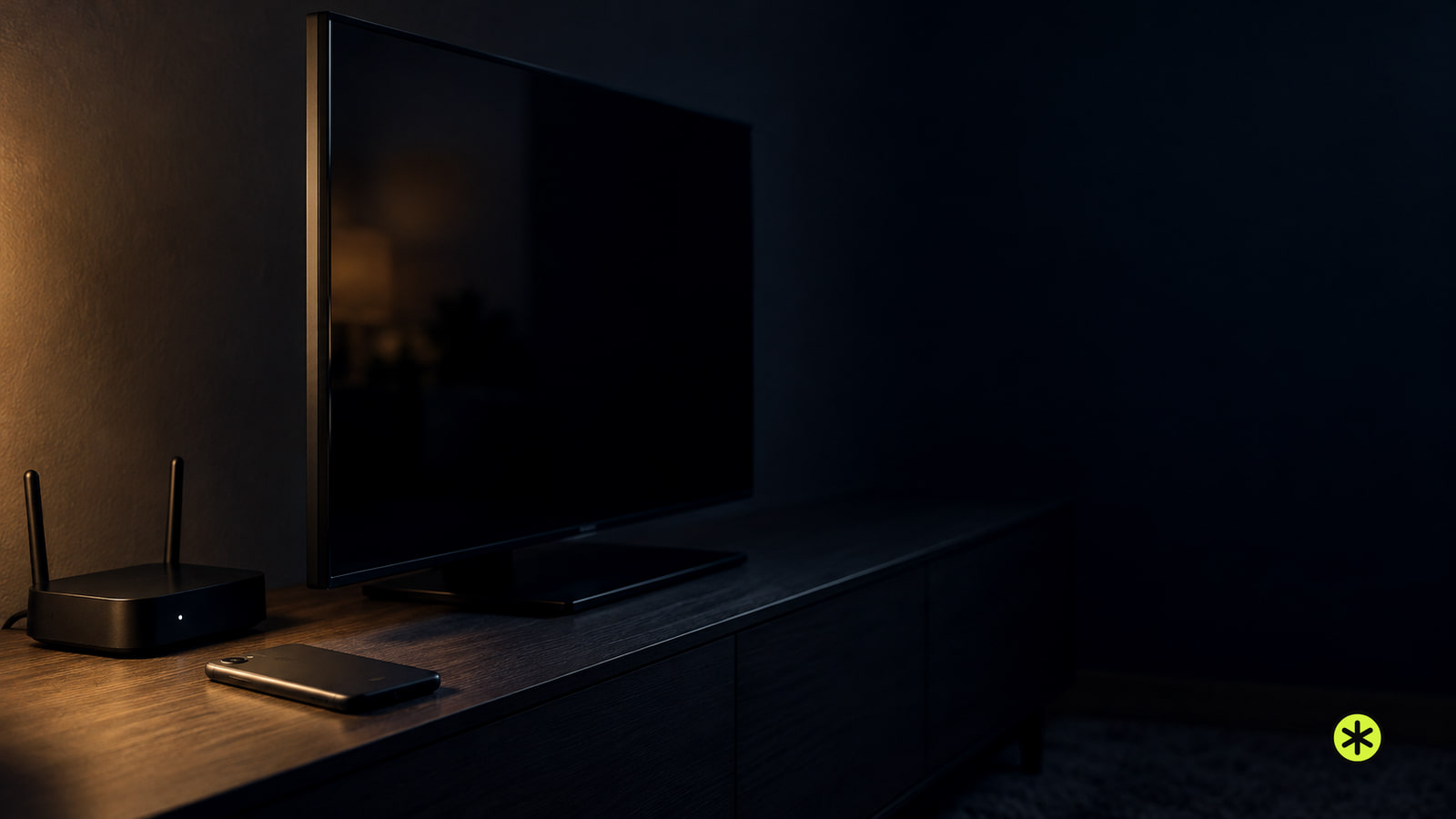 A dark television on a charcoal console with a phone face down and a small black router beside it, lit low by one warm lamp from the left.