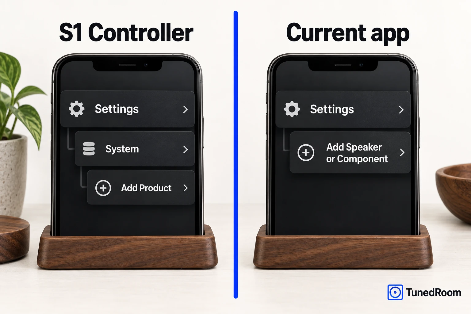 Two side-by-side menu path panels comparing the S1 Controller Settings System Add Product route with the current app Add Speaker or Component route