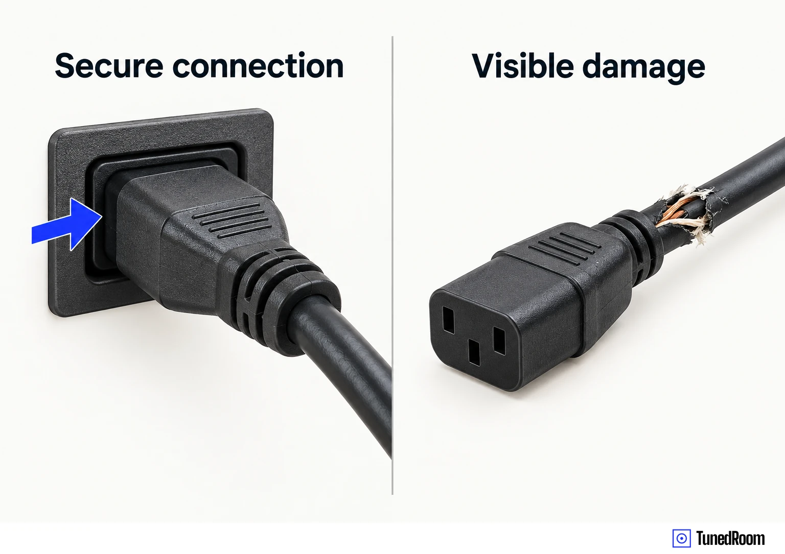 Generic power cord plug seated flush in a TV power inlet beside a separate unplugged cord with a frayed jacket behind its connector.
