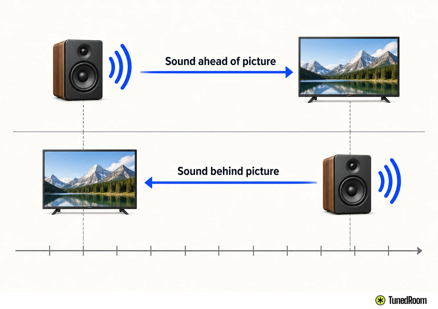 Two-row timing diagram on one time axis: top row places the sound event before the picture event, bottom row places it after.