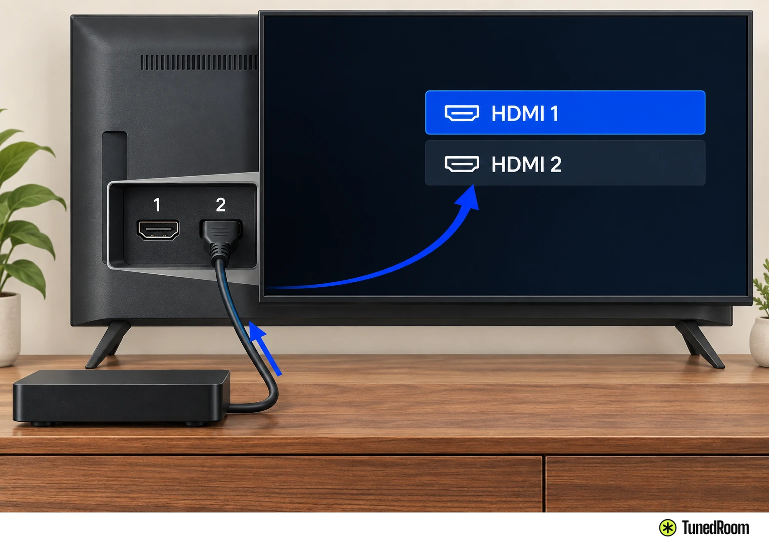 TV with a cable in HDMI 2 while the on-screen input list still shows HDMI 1 selected.