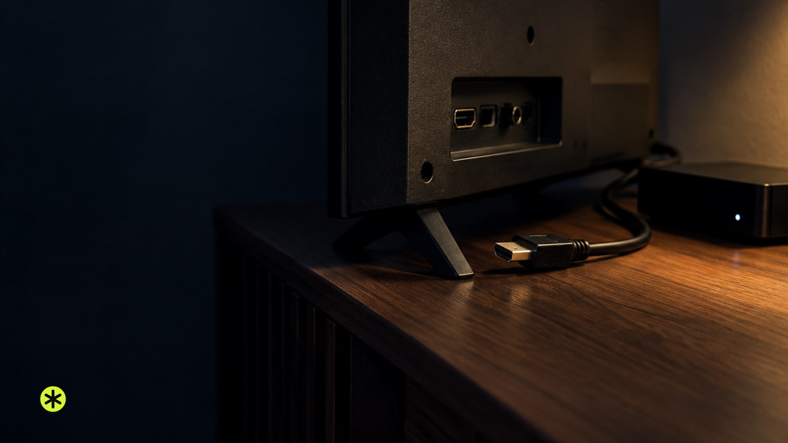 Back corner of a black television on a walnut console, an unplugged video cable resting by its port beside a small box, lit by a warm lamp.