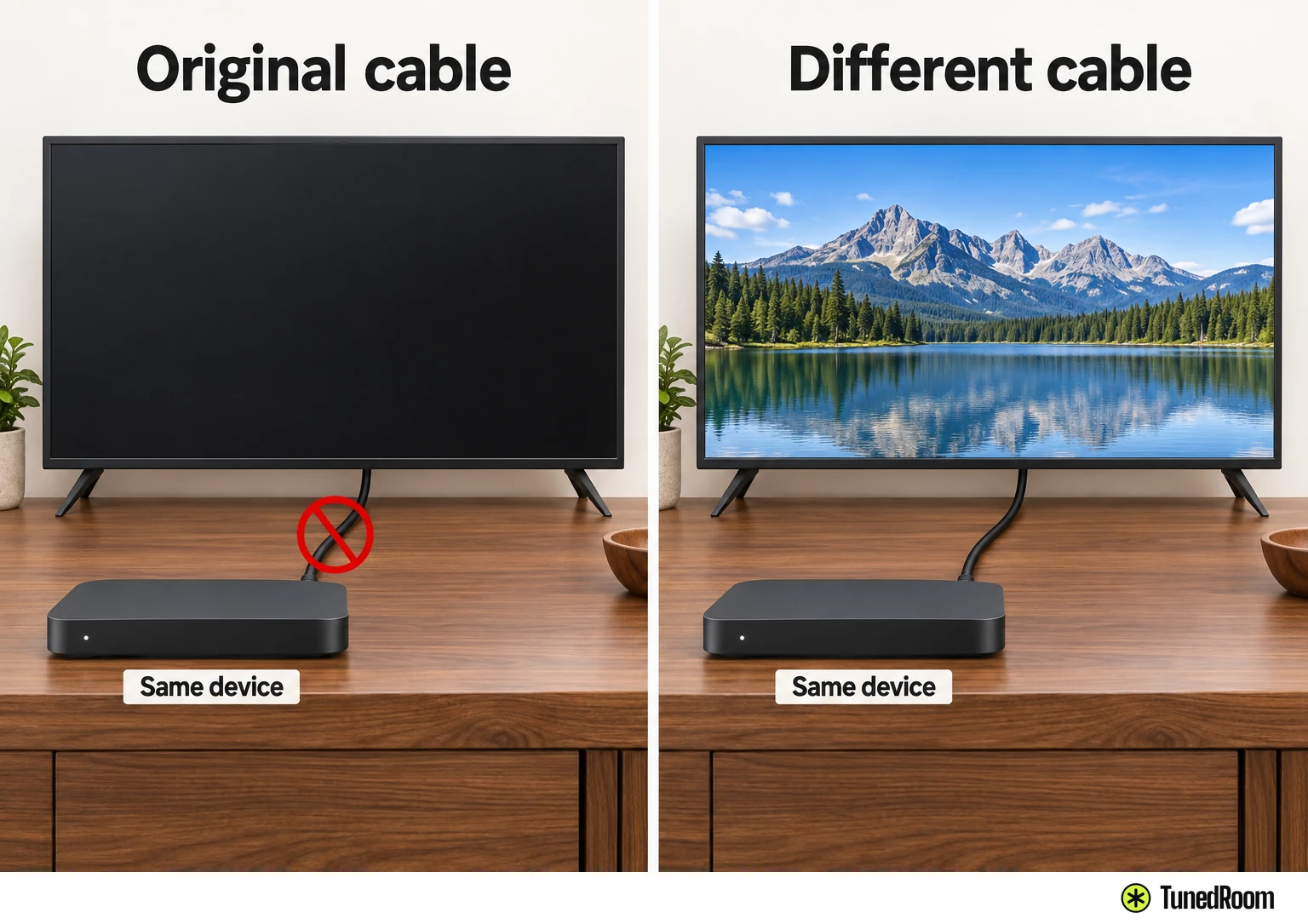 Two panels of the same source device and TV: the original HDMI cable gives a blank screen, a different cable shows a picture.
