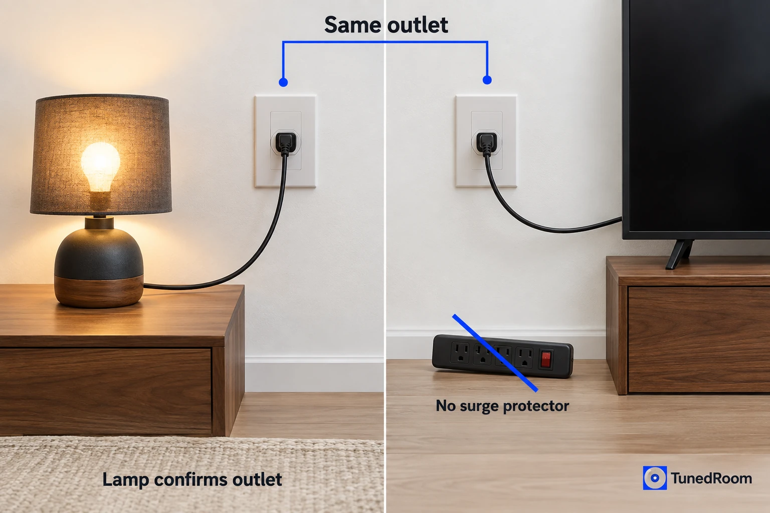 Two panels of one wall outlet: a lamp lit to confirm it works, then the TV cord in that same socket with a surge protector crossed out.