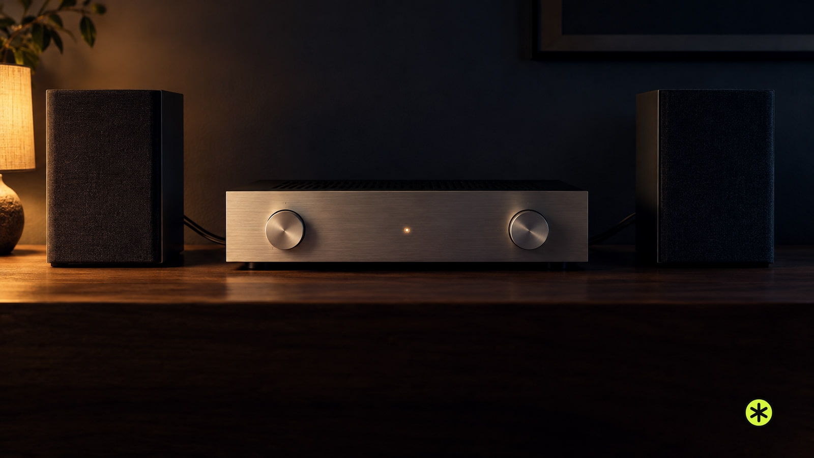Silver stereo amplifier with two plain knobs between two charcoal bookshelf speakers on a walnut console at night, lit by a low warm lamp.