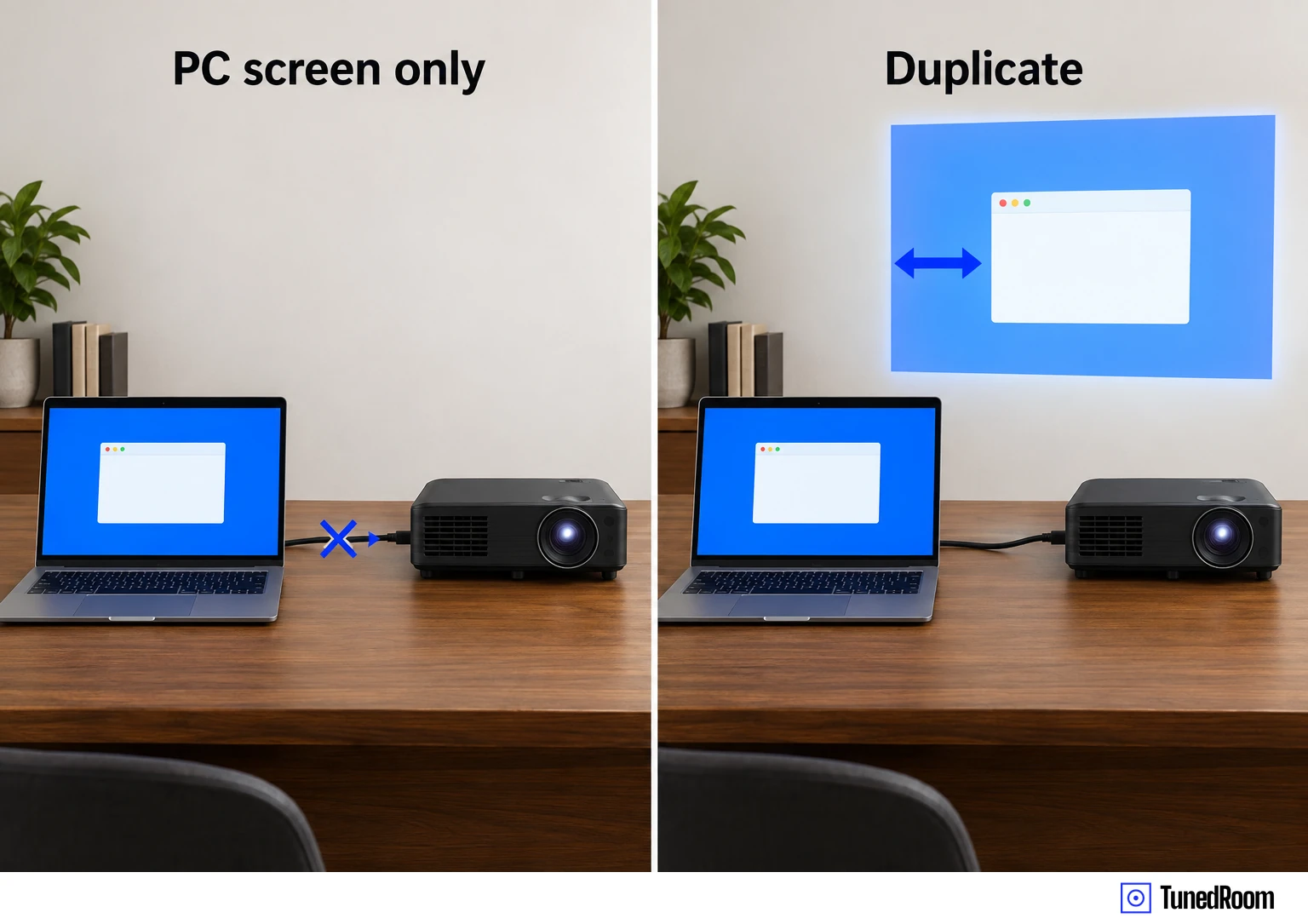 Two panels of one laptop and one projector: left, the laptop shows its desktop while the projector shows nothing; right, both show the same desktop.