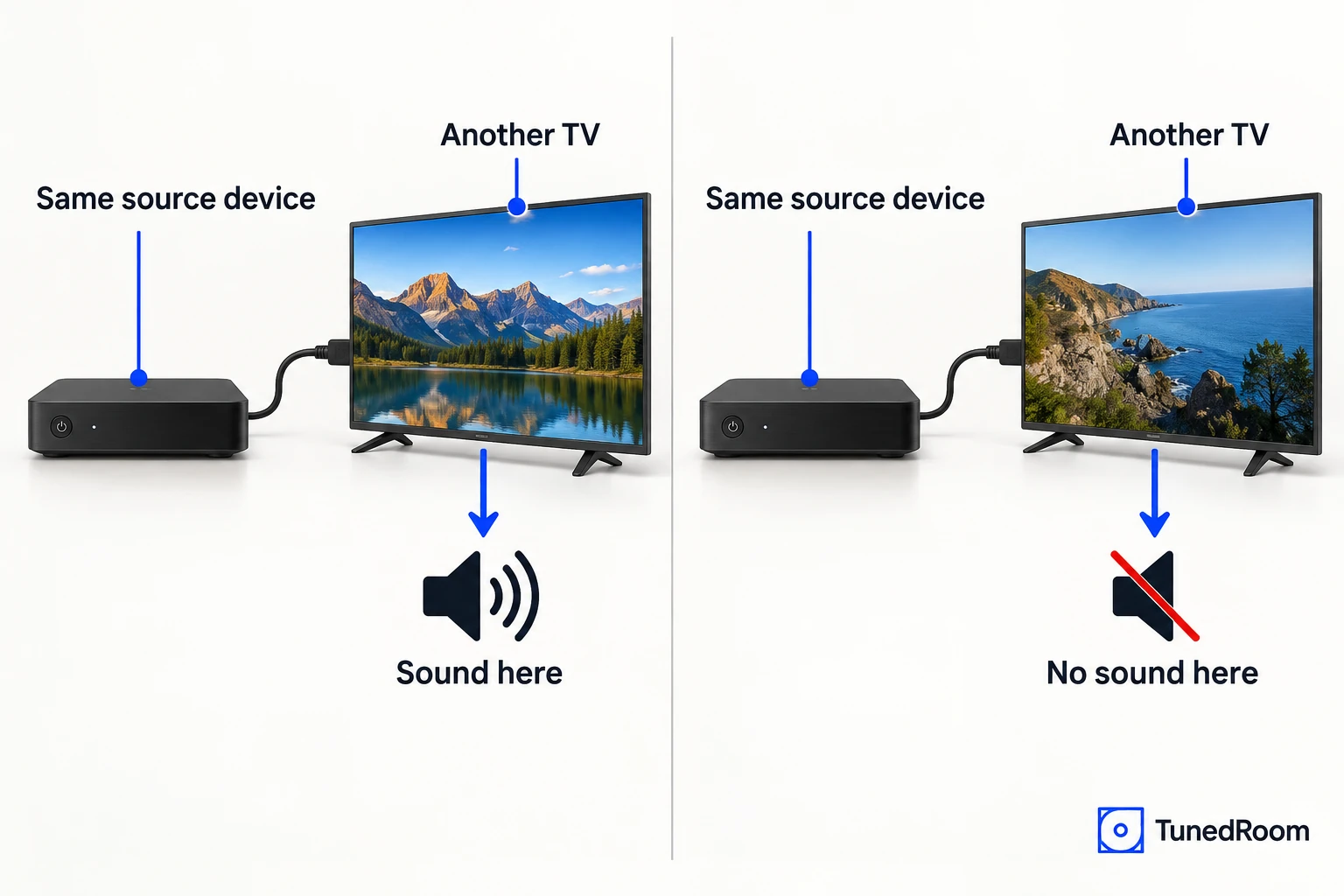 Two identical panels testing the same source device on another TV: one with sound, one silent.