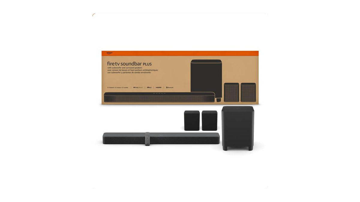 Amazon Fire TV Soundbar Plus with subwoofer and surround sound speakers (newest model), 5.1 channel, Dolby Atmos, clear dialogue