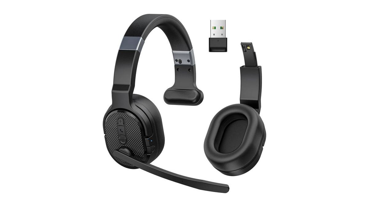 COSMUSIS Trucker Bluetooth Headset with Dongle, Wireless Headsets with Noise Cancelling Microphone, 50+Hrs HD Talktime Bluetooth Headphones with Detac
