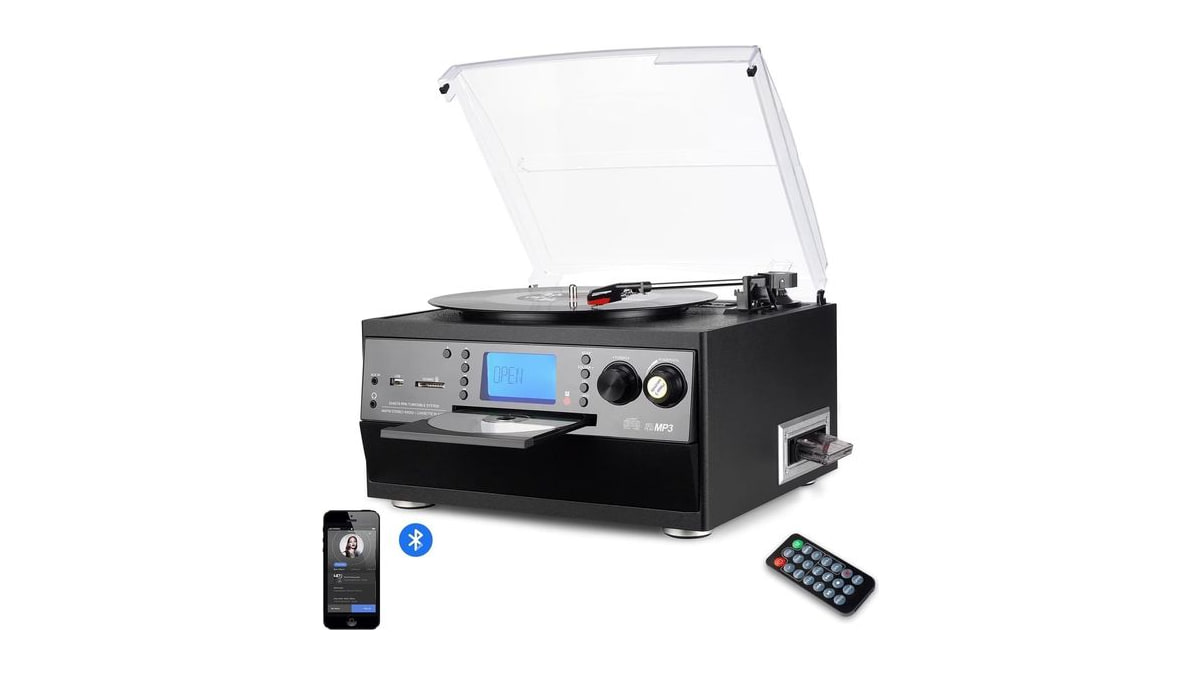 FEKTIK 10-in-1 Bluetooth Turntable with Built-in Speaker, Vinyl Record Player CD Cassette and FM Radio Combo, AUX in USB MP3 Recording Headphone Jack