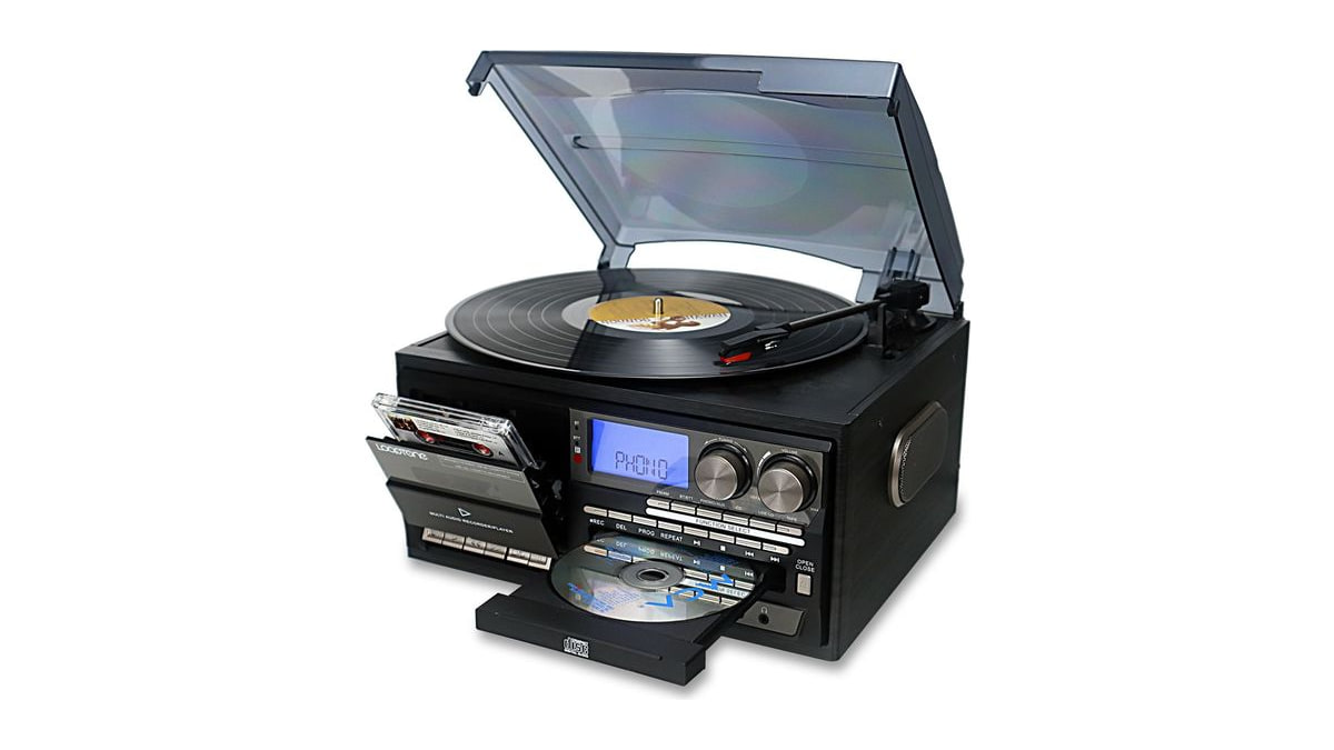 LoopTone Vinyl Record Player 10 in 1 3 Speed Bluetooth Vintage Turntable CD Cassette Player AM/FM Radio USB Recorder Aux-in RCA Line-Out (Black-Grey)