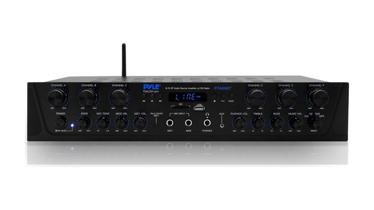 Pyle Bluetooth Home Audio Amplifier - 6 Channel Stereo Receiver Amp, 600 Watt Power, Commercial or Karaoke with Mic Talkover, Headphone Jack, 1/4'' Mi