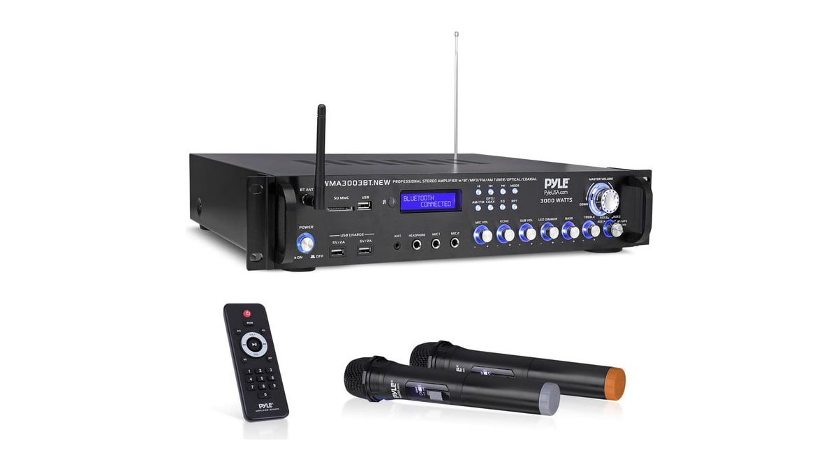 Pyle Bluetooth Home Audio Power Amplifier -4 Ch. 3000W, Stereo Receiver w/Speaker Selector, FM Radio, USB, Headphone, 2 Wireless Mics for Karaoke, Gre