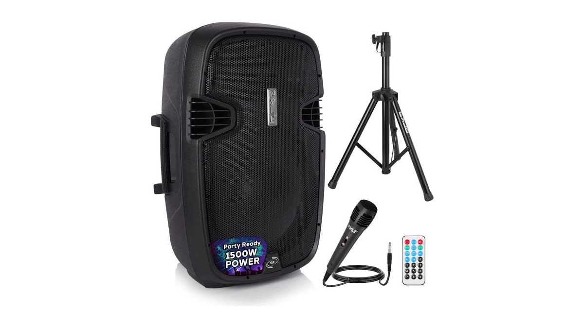 Pyle Wireless Portable PA Speaker System - 1500W High Powered Bluetooth Compatible Active Outdoor Sound Speakers w/USB SD MP3 RCA - 35mm Mount, Stand,