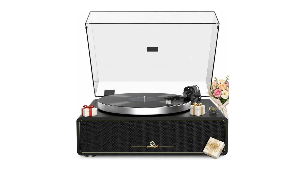 Seasonlife All-in-One Record Player with 4 Speakers & Bluetooth, Black