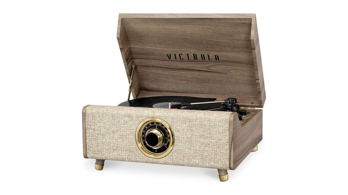 Victrola Highland 4-in-1 Bluetooth Record Player with Speakers - 3-Speed Vinyl Record Player, FM Radio & 3.5mm Aux, Wireless Music Streaming (Farmhous