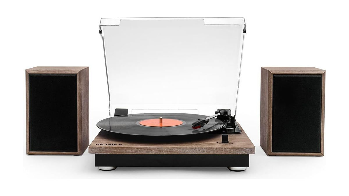Victrola Montauk Vinyl Record Player, 3-Speed Belt Driven Turntable with Stereo Bluetooth Speaker Pair, RCA Output and 3.5mm Headphone Jack, Removable