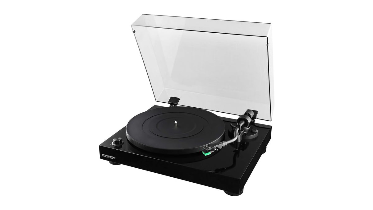 Black Fluance RT81 turntable viewed from the front at an angle with its clear dust cover raised.