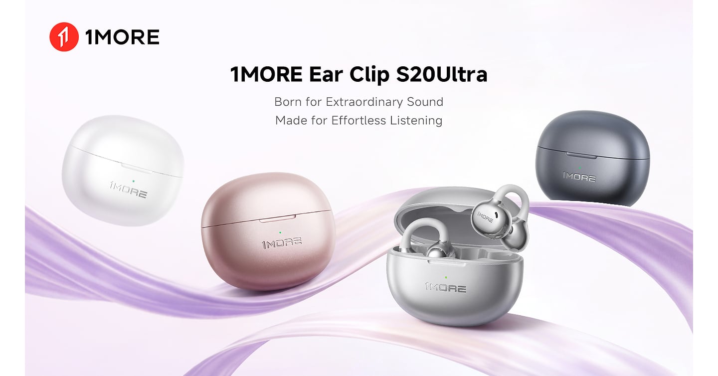 1MORE S20 Ultra clip earbuds in an open silver charging case beside white, pink and dark gray cases.