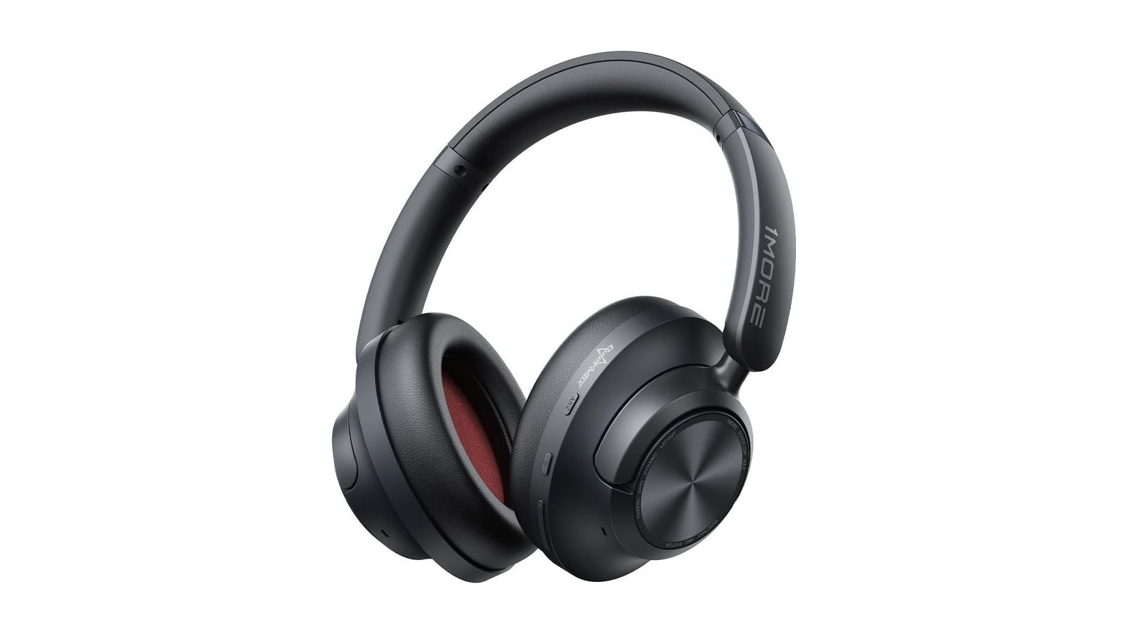 Black 1MORE over-ear headphones with padded earcups, a curved headband and buttons along one earcup.