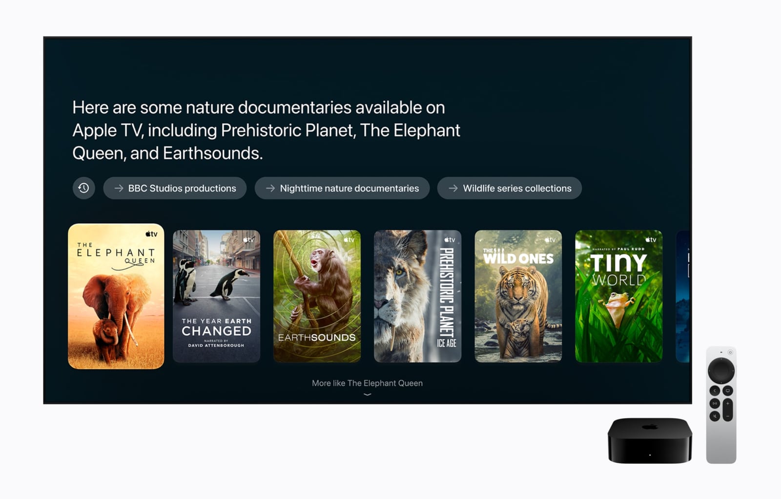 A television shows Siri documentary recommendations, with Apple TV 4K and its remote beside it.
