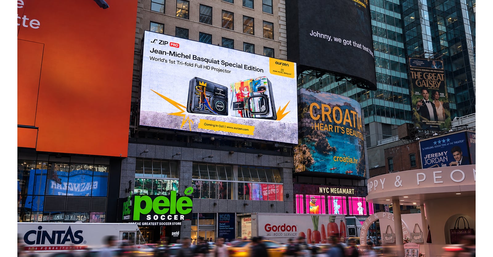 A Times Square billboard shows two Basquiat designs for the Aurzen ZIP Pro projector above busy street traffic.