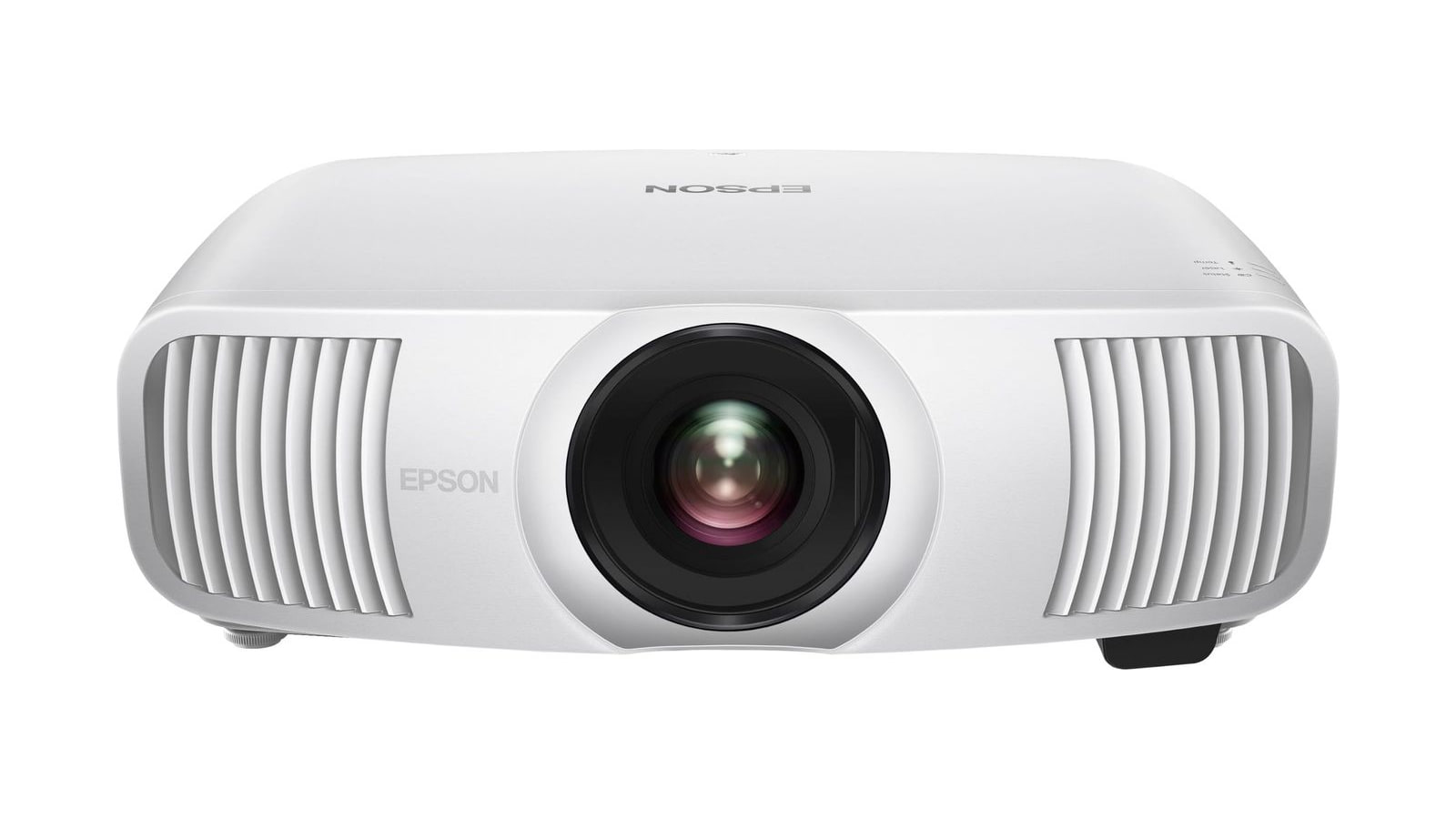 White Epson projector with a large central lens and curved ventilation grilles on both sides.