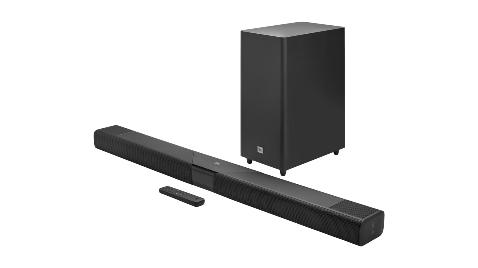 JBL soundbar with top speaker grilles, a separate subwoofer and a remote control.