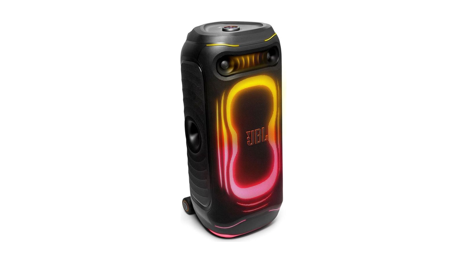 JBL party speaker viewed at an angle, with yellow and pink lighting, a top touchscreen and a visible wheel.