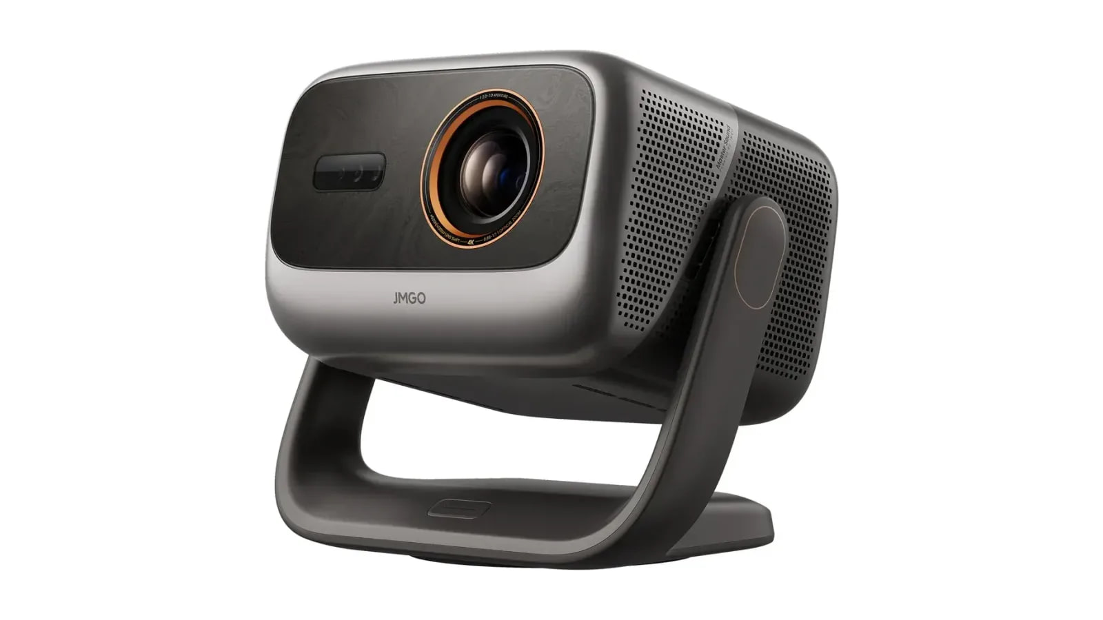 JMGO IRIS Ultra Max projector with an orange lens ring, side vents and a curved gimbal stand.