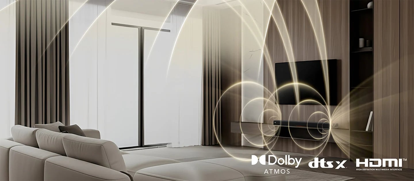 A soundbar sits beneath a wall mounted TV, with glowing sound waves and Dolby Atmos, DTS:X and HDMI logos.